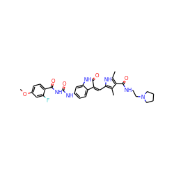 COc1ccc(C(=O)NC(=O)Nc2ccc3c(c2)NC(=O)/C3=C\c2[nH]c(C)c(C(=O)NCCN3CCCC3)c2C)c(F)c1 ZINC000205833838