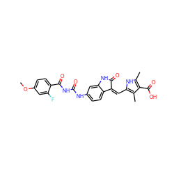 COc1ccc(C(=O)NC(=O)Nc2ccc3c(c2)NC(=O)/C3=C\c2[nH]c(C)c(C(=O)O)c2C)c(F)c1 ZINC000205831919