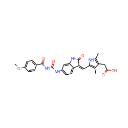 COc1ccc(C(=O)NC(=O)Nc2ccc3c(c2)NC(=O)/C3=C\c2[nH]c(C)c(CC(=O)O)c2C)cc1 ZINC000205825205