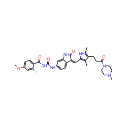 COc1ccc(C(=O)NC(=O)Nc2ccc3c(c2)NC(=O)/C3=C\c2[nH]c(C)c(CCC(=O)N3CCN(C)CC3)c2C)c(F)c1 ZINC000221487915