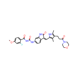 COc1ccc(C(=O)NC(=O)Nc2ccc3c(c2)NC(=O)/C3=C\c2[nH]c(C)c(CCC(=O)N3CCOCC3)c2C)c(F)c1 ZINC000205807326