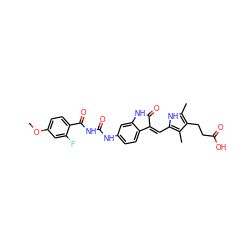 COc1ccc(C(=O)NC(=O)Nc2ccc3c(c2)NC(=O)/C3=C\c2[nH]c(C)c(CCC(=O)O)c2C)c(F)c1 ZINC000221483773