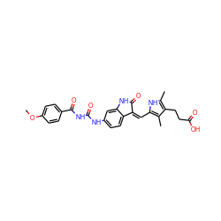 COc1ccc(C(=O)NC(=O)Nc2ccc3c(c2)NC(=O)/C3=C\c2[nH]c(C)c(CCC(=O)O)c2C)cc1 ZINC000205830404