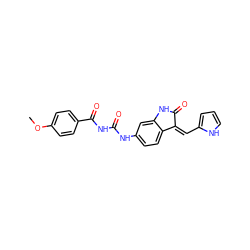 COc1ccc(C(=O)NC(=O)Nc2ccc3c(c2)NC(=O)/C3=C\c2ccc[nH]2)cc1 ZINC000205822884