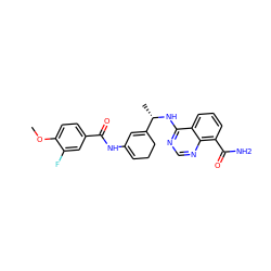 COc1ccc(C(=O)NC2=CCCC([C@H](C)Nc3ncnc4c(C(N)=O)cccc34)=C2)cc1F ZINC000166984079