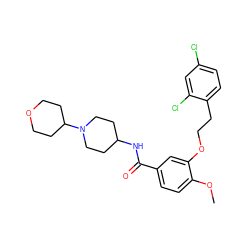 COc1ccc(C(=O)NC2CCN(C3CCOCC3)CC2)cc1OCCc1ccc(Cl)cc1Cl ZINC000013643504