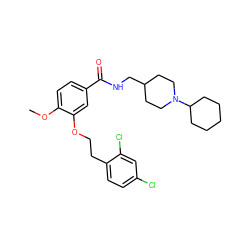 COc1ccc(C(=O)NCC2CCN(C3CCCCC3)CC2)cc1OCCc1ccc(Cl)cc1Cl ZINC000013643451