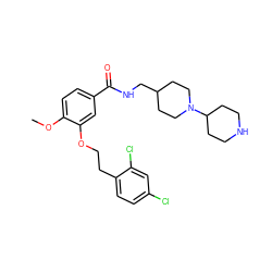 COc1ccc(C(=O)NCC2CCN(C3CCNCC3)CC2)cc1OCCc1ccc(Cl)cc1Cl ZINC000013643465