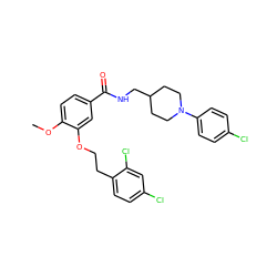 COc1ccc(C(=O)NCC2CCN(c3ccc(Cl)cc3)CC2)cc1OCCc1ccc(Cl)cc1Cl ZINC000014953583