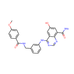 COc1ccc(C(=O)NCc2cccc(Nc3ncnc4c(C(N)=O)cc(O)cc34)c2)cc1 ZINC000167032107