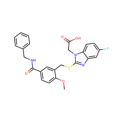 COc1ccc(C(=O)NCc2ccccc2)cc1CSc1nc2cc(F)ccc2n1CC(=O)O ZINC000084654131