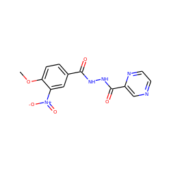 COc1ccc(C(=O)NNC(=O)c2cnccn2)cc1[N+](=O)[O-] ZINC000000199768