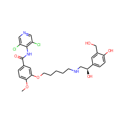 COc1ccc(C(=O)Nc2c(Cl)cncc2Cl)cc1OCCCCCNC[C@H](O)c1ccc(O)c(CO)c1 ZINC000095591516