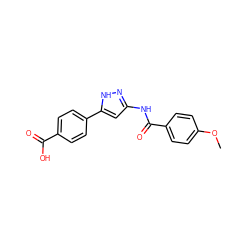 COc1ccc(C(=O)Nc2cc(-c3ccc(C(=O)O)cc3)[nH]n2)cc1 ZINC000084739610