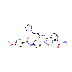 COc1ccc(C(=O)Nc2cccc([C@@H](CCN3CCCC3)Nc3ncnc4c(C(N)=O)cccc34)c2)cc1 ZINC000114347902