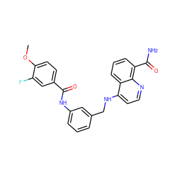 COc1ccc(C(=O)Nc2cccc(CNc3ccnc4c(C(N)=O)cccc34)c2)cc1F ZINC000166981229