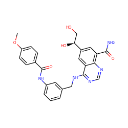 COc1ccc(C(=O)Nc2cccc(CNc3ncnc4c(C(N)=O)cc([C@@H](O)CO)cc34)c2)cc1 ZINC000114343560