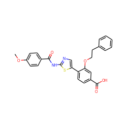 COc1ccc(C(=O)Nc2ncc(-c3ccc(C(=O)O)cc3OCCc3ccccc3)s2)cc1 ZINC000653695818