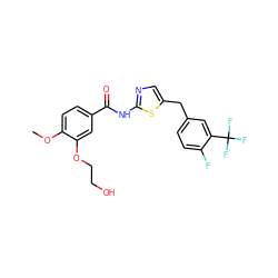 COc1ccc(C(=O)Nc2ncc(Cc3ccc(F)c(C(F)(F)F)c3)s2)cc1OCCO ZINC000043120509