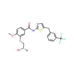 COc1ccc(C(=O)Nc2ncc(Cc3cccc(C(F)(F)F)c3)s2)cc1OC[C@H](C)O ZINC000043065749