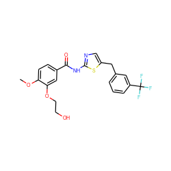 COc1ccc(C(=O)Nc2ncc(Cc3cccc(C(F)(F)F)c3)s2)cc1OCCO ZINC000043012706