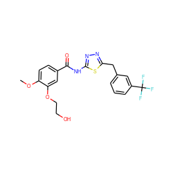 COc1ccc(C(=O)Nc2nnc(Cc3cccc(C(F)(F)F)c3)s2)cc1OCCO ZINC000043024764