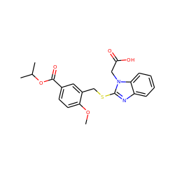 COc1ccc(C(=O)OC(C)C)cc1CSc1nc2ccccc2n1CC(=O)O ZINC000084654892