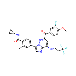 COc1ccc(C(=O)c2cc(NCCC(F)(F)F)c3ncc(-c4ccc(C(=O)NC5CC5)c(C)c4)n3n2)cc1F ZINC000147325154