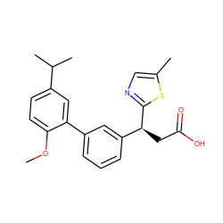 COc1ccc(C(C)C)cc1-c1cccc([C@H](CC(=O)O)c2ncc(C)s2)c1 ZINC001772608599