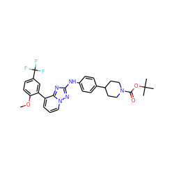 COc1ccc(C(F)(F)F)cc1-c1cccn2nc(Nc3ccc(C4CCN(C(=O)OC(C)(C)C)CC4)cc3)nc12 ZINC000096169836