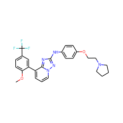 COc1ccc(C(F)(F)F)cc1-c1cccn2nc(Nc3ccc(OCCN4CCCC4)cc3)nc12 ZINC000096169764