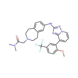 COc1ccc(C(F)(F)F)cc1-c1cccn2nc(Nc3ccc4c(c3)CCN(CC(=O)N(C)C)CC4)nc12 ZINC000096169820