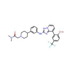 COc1ccc(C(F)(F)F)cc1-c1cccn2nc(Nc3cccc(C4CCN(CC(=O)N(C)C)CC4)c3)nc12 ZINC000096169910