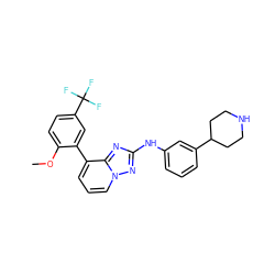 COc1ccc(C(F)(F)F)cc1-c1cccn2nc(Nc3cccc(C4CCNCC4)c3)nc12 ZINC000096169762