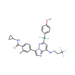 COc1ccc(C(F)(F)c2cc(NCCC(F)(F)F)c3ncc(-c4ccc(C(=O)NC5CC5)c(C)c4)n3n2)cc1 ZINC000147378026