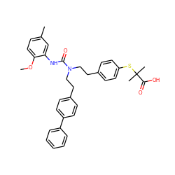 COc1ccc(C)cc1NC(=O)N(CCc1ccc(SC(C)(C)C(=O)O)cc1)CCc1ccc(-c2ccccc2)cc1 ZINC000028233930