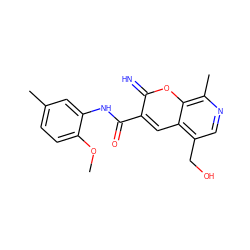 COc1ccc(C)cc1NC(=O)c1cc2c(CO)cnc(C)c2oc1=N ZINC000002955130