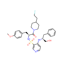 COc1ccc(C[C@H](NS(=O)(=O)c2cnccc2N[C@H](CO)Cc2ccccc2)C(=O)N2CCC(CCF)CC2)cc1 ZINC000027107587