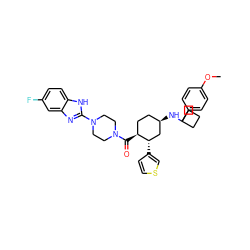 COc1ccc(C2(N[C@@H]3CC[C@H](C(=O)N4CCN(c5nc6cc(F)ccc6[nH]5)CC4)[C@@H](c4ccsc4)C3)CCC2)cc1 ZINC000073219771