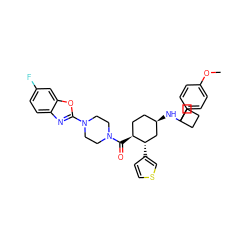 COc1ccc(C2(N[C@@H]3CC[C@H](C(=O)N4CCN(c5nc6ccc(F)cc6o5)CC4)[C@@H](c4ccsc4)C3)CCC2)cc1 ZINC000073219768