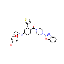 COc1ccc(C2(N[C@@H]3CC[C@H](C(=O)N4CCN(c5nc6ccccc6o5)CC4)[C@@H](c4ccsc4)C3)CCC2)cc1 ZINC000073222107