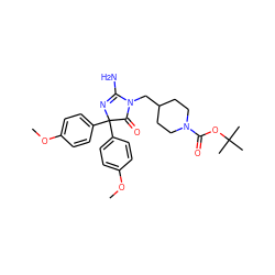 COc1ccc(C2(c3ccc(OC)cc3)N=C(N)N(CC3CCN(C(=O)OC(C)(C)C)CC3)C2=O)cc1 ZINC000218843400