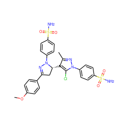 COc1ccc(C2=NN(c3ccc(S(N)(=O)=O)cc3)[C@H](c3c(C)nn(-c4ccc(S(N)(=O)=O)cc4)c3Cl)C2)cc1 ZINC000474603802