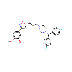 COc1ccc(C2=NO[C@H](CCCN3CCN(C(c4ccc(F)cc4)c4ccc(F)cc4)CC3)C2)cc1OC ZINC000028712808