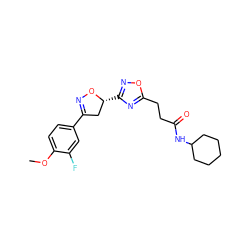 COc1ccc(C2=NO[C@H](c3noc(CCC(=O)NC4CCCCC4)n3)C2)cc1F ZINC000043073929