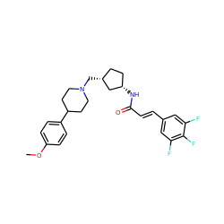 COc1ccc(C2CCN(C[C@@H]3CC[C@H](NC(=O)/C=C/c4cc(F)c(F)c(F)c4)C3)CC2)cc1 ZINC000028957880