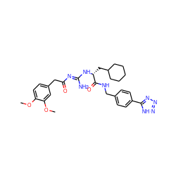 COc1ccc(CC(=O)/N=C(\N)N[C@H](CC2CCCCC2)C(=O)NCc2ccc(-c3nnn[nH]3)cc2)cc1OC ZINC000146221462