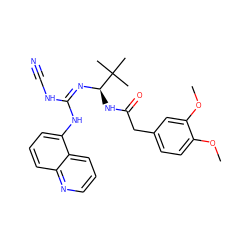 COc1ccc(CC(=O)N[C@@H](/N=C(/NC#N)Nc2cccc3ncccc23)C(C)(C)C)cc1OC ZINC000100060637