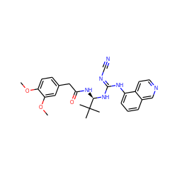 COc1ccc(CC(=O)N[C@@H](N/C(=N/C#N)Nc2cccc3cnccc23)C(C)(C)C)cc1OC ZINC000040421345