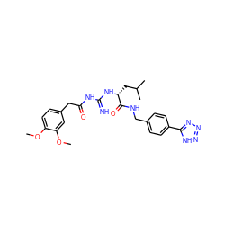 COc1ccc(CC(=O)NC(=N)N[C@H](CC(C)C)C(=O)NCc2ccc(-c3nnn[nH]3)cc2)cc1OC ZINC000299827652